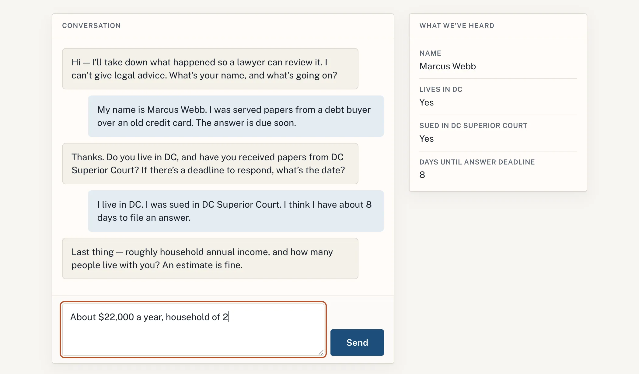 Intake demo: conversation on the left; facts gathered so far on the right.